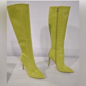 Yellow Chartreuse Croc Embossed Knee High Boots Women’s Pointed Toe Stiletto Y2K